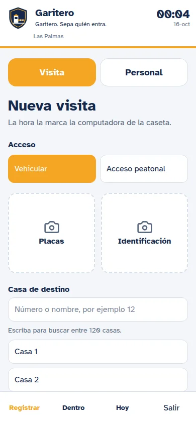 Registro de nueva visita desde el teléfono del vigilante